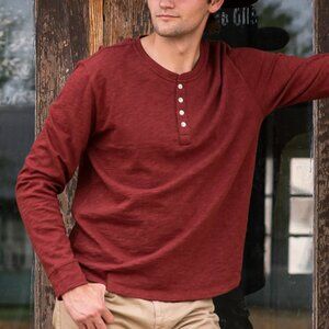 Tecovas Long Sleeve Henley Crewneck Shirt, Men's Small, Brick Red